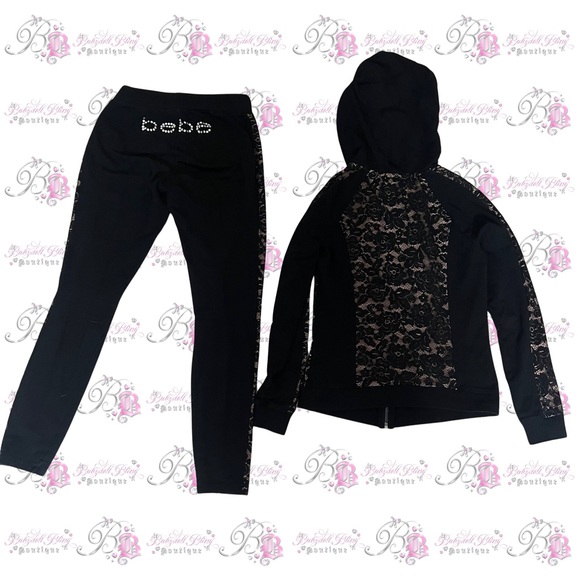 Bebe set 2 piece sweater and pants bling rhinestone diamonds black tan lace - Picture 5 of 8